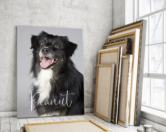 Puede incluir: Una impresión en lienzo con un perro blanco y negro con el nombre "Peanut" escrito en letra cursiva blanca. La impresión se apoya en una pila de lienzos enmarcados.