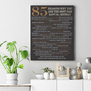 May include: A black and gold printable poster with the text "85 Reasons Why You Are The Best Dad Happy 85th Birthday". The poster lists 85 reasons why someone is a great dad.