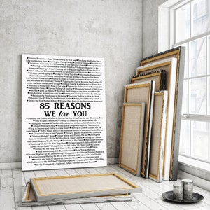 May include: Black and white printable wall art with a list of 85 reasons to love someone. The text reads "85 Reasons We Love You".