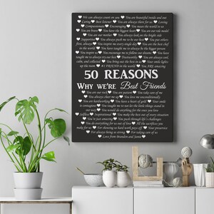 May include: Black and white printable sign with 50 reasons why two people are best friends. The sign features hearts and the text "50 Reasons Why We're Best Friends".