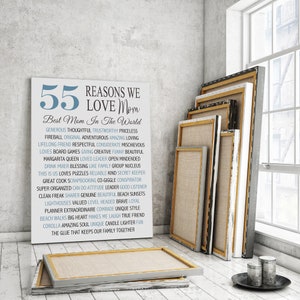May include: A white canvas print with the text "55 Reasons We Love Mom" and "Best Mom In The World" in blue text. The print lists 55 reasons why someone loves their mom, including "generous", "thoughtful", "trustworthy", "priceless", "fireball", "original", "adventurous", "amazing", "loving", "lifelong friend", "respectful", "considerate", "mischievous", "loves board games", "giving", "creative", "funny", "beautiful", "margarita queen", "loved", "leader", "open minded", "drink mixer", "blessing", "like family", "group nucleus", "this is us", "loves puzzles", "reliable", "kind", "secret keeper", "great cook", "scrapbooking", "co-giggle", "conspirator", "super organized", "can do attitude", "leader", "good listener", "clean freak", "sharer", "genuine", "beautiful", "beach sunsets", "lighthouses", "valued", "level headed", "brave", "loyal", "planner", "extraordinaire", "comrade", "unique style", "beach walks", "big heart", "makes me laugh", "true friend", "corolla", "amazing soul", "unique", "candle lighter", "fun", "the glue that keeps our family together".