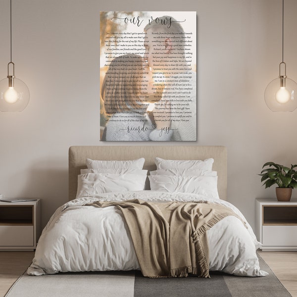 Cotton Anniversary gift. His and her Wedding Vows. Couple's vows and photo on canvas.