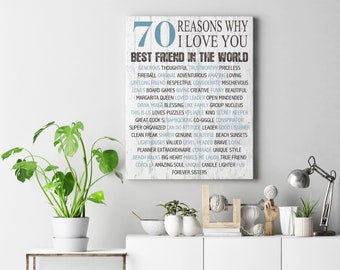 May include: A white wood sign with blue and brown text that reads "70 Reasons Why I Love You Best Friend in the World" and lists 70 reasons why the person loves their best friend.
