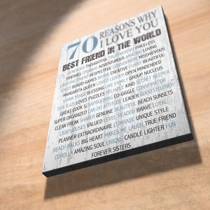 May include: A white wooden sign with blue text listing 70 reasons why someone loves their best friend. The sign reads "70 Reasons Why I Love You Best Friend in the World" and lists many reasons, including "fireball", "original", "adventurous", "amazing", "loving", "respectful", "considerate", "mischievous", "creative", "funny", "beautiful", "leader", "open minded", "group nucleus", "secret keeper", "kind", "conspirator", "good listener", "beach sunsets", "brave", "loyal", "unique style", "true friend", "candle lighter fun", and "forever sisters".