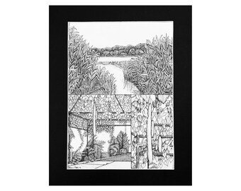 Triptych – pen drawing, landscape art, ink sketch