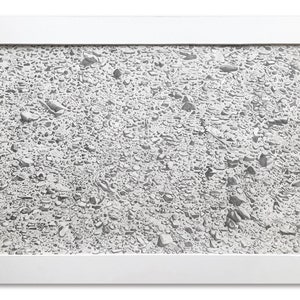 May include: A black and white pencil drawing depicting a field of small, round stones. The drawing is detailed and realistic, capturing the texture and shape of the stones.