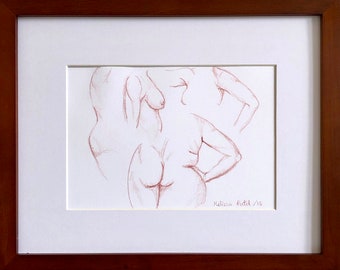 Body Collage – figure drawing, red sketch, life drawing, framed art, minimal art