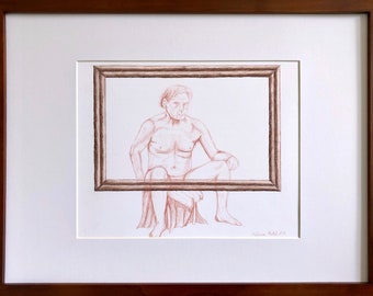 Models Make Portraits II – figure drawing, red sketch, life drawing, charcoal sketch, framed art
