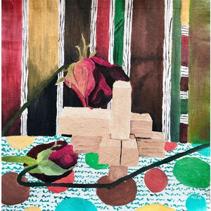 Gift Box Study 3 – original acrylic painting, painting of roses & shapes, colourful art, wall art