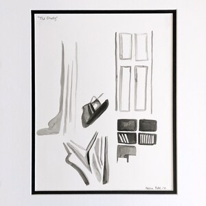 The Study – original ink drawing, black and white, film noir study, minimalist art