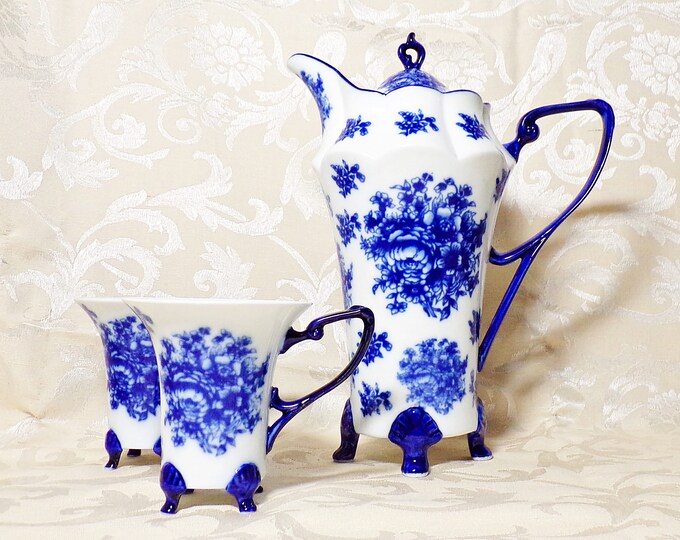 Cobalt Blue and White Ironstone Coffee Pot and 2 Matching Coffee Cups Floral Pattern