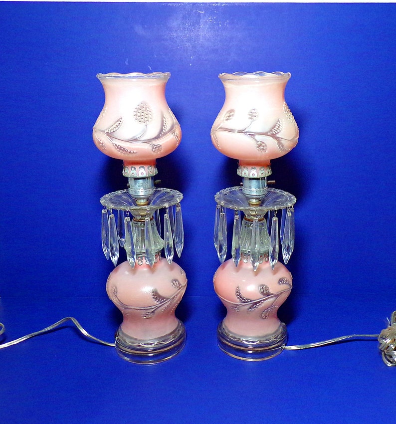 Vintage Table Lamps With Pink Glass Shades And Prisms