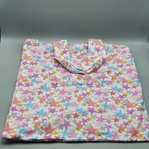 Cotton washable and reuseable tote bag with cute, bright pink and blue stars with lining