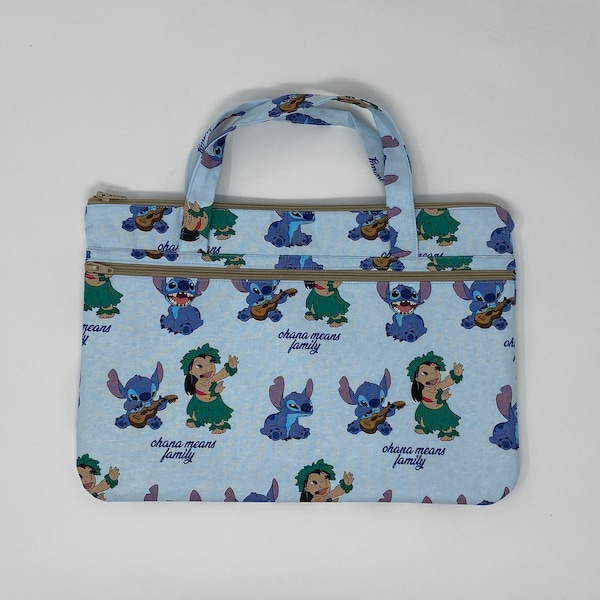 Hand Sewn Lilo & Stitch Case with zippered top and front pocket, Disney Licensed Character Print