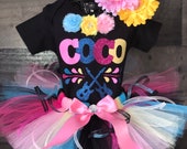 Disney inspired Birthday COCO Tutu Set Day of the Dead includes Shirt, Fluffy Colorful Tutu and Flower Hair Clip Ready to Ship