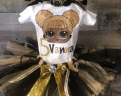 Inspired Lol Birthday Tutu includes Shirt, Fluffy Sassy Queen Bee, Gold and Black Tutu and 2 Black Hair Bow Clips Ready to Ship