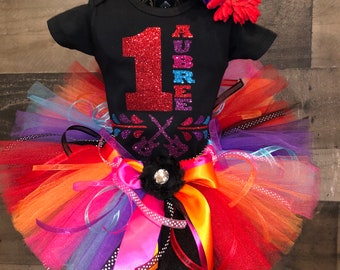Personalize  custom Disney inspired Birthday COCO Tutu Set  Day of the Dead includes Shirt, Fluffy Colorful Tutu and Flower Hair Clip