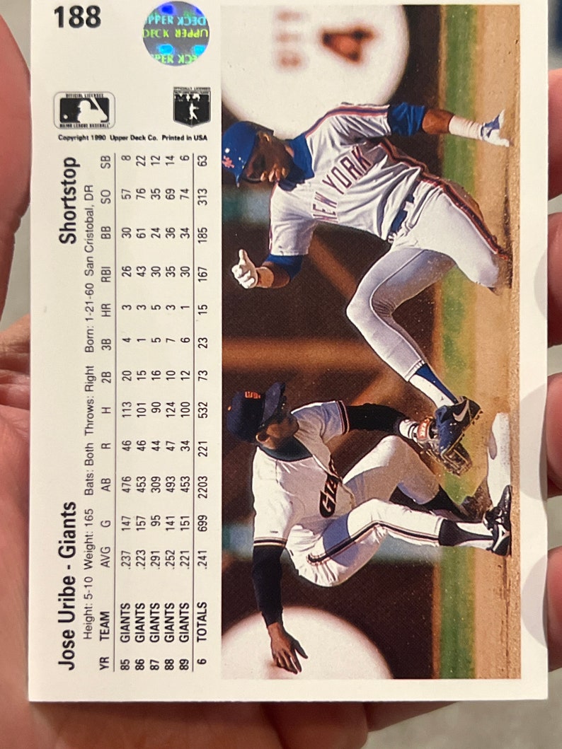 1990 upper deck jose uribe Error Card Wrong Birth Year Mint Condition 188 image 2