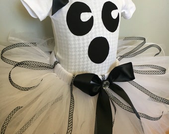 Ready to Ship HALLOWEEN White Ghost TUTU with matching top Sizes Newborn, 3 m,  6-12m, 12-24m, 2T, 3T, 4T, 5 yr, 6 yr, 7 yr