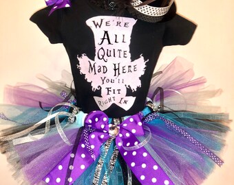 Halloween inspired MAD HATTER Inspired TUTU with Black top Sizes Newborn, 3 m,  6-12m, 12-24m, 2T, 3T, 4T, 5 yr, 6 yr, 7 yr,