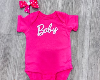Baby doll shirt custom name or Barbie  onsie ready to ship Hot pink fuschia can personalize