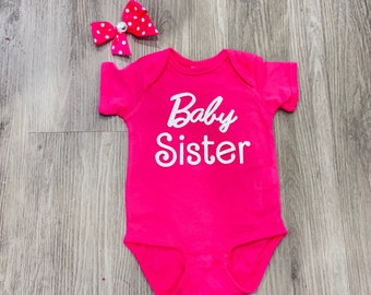 Baby Sister doll shirt or custom name Barbie inspired onsie ready to ship Hot pink fuschia can personalize