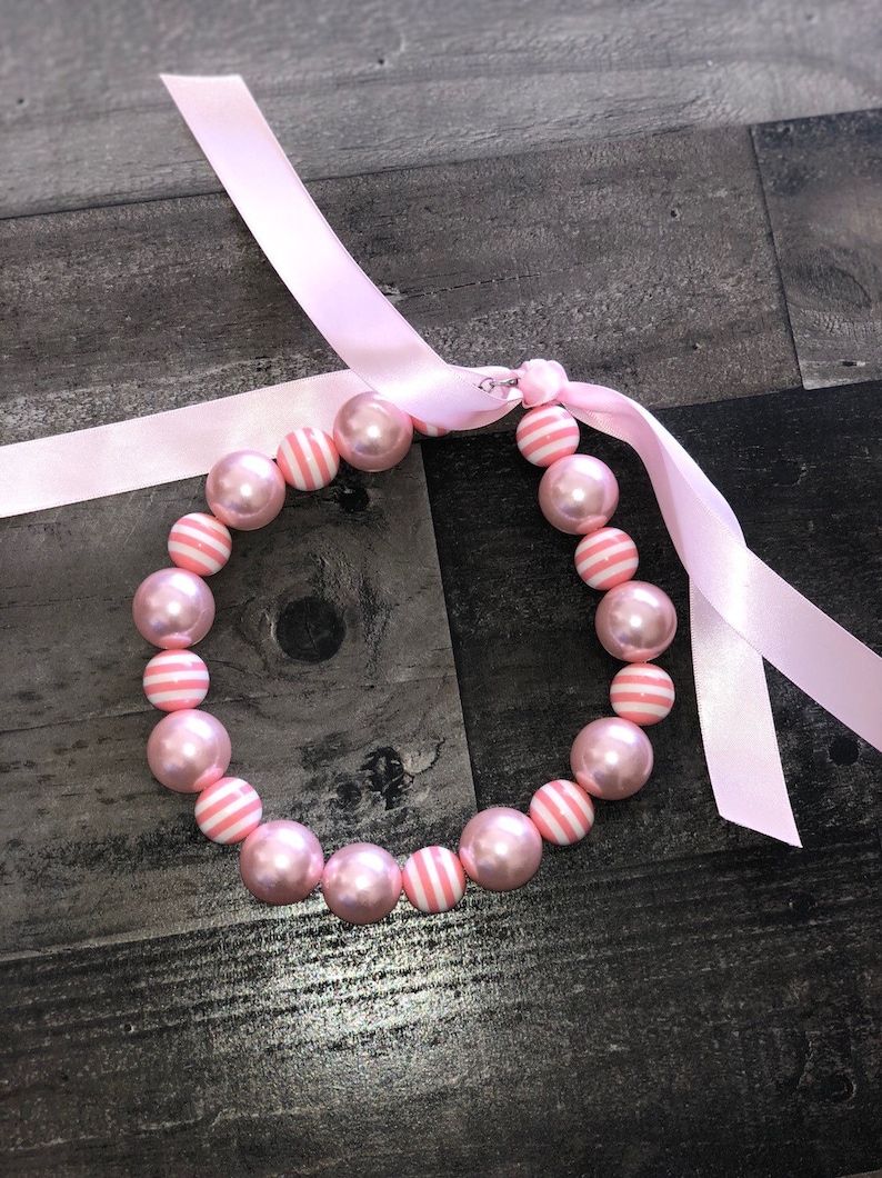 Pink Pearl Large Chunky Beaded Necklace with Ribbon