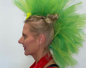 Ready to Ship Grinch Green Punk Mo Hawk! Take your costume to the next level , Made Rock N Roll,w/ Tulle and clips to stay on who ville