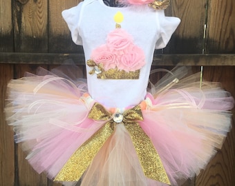 Pink, Ivory, Peach Biryhday Outfit Set Fluffy Tutu Shirt and Hair Bow