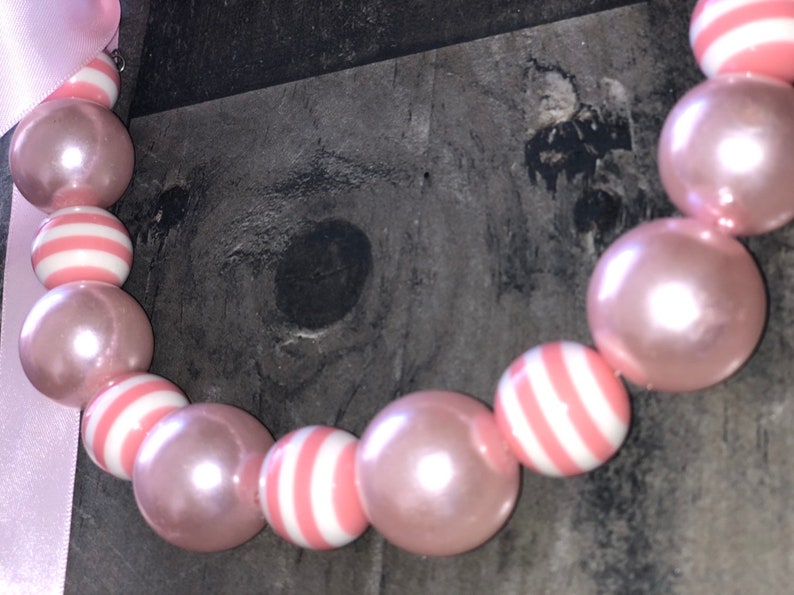 Pink Pearl Large Chunky Beaded Necklace with Ribbon