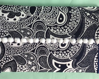 Navy Paisley Pom Pom clutch purse