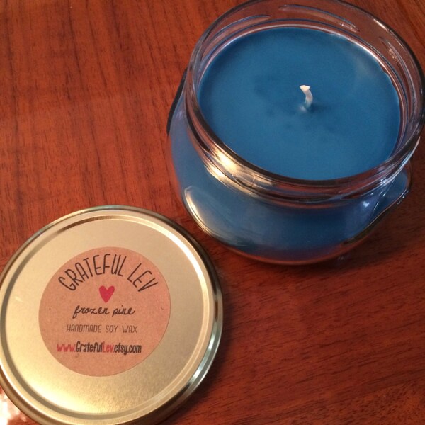 10 oz.- Frozen Pine Scented Soy Candle with Cotton Wick and Turquoise Coloring