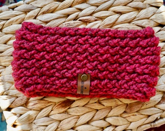 Red-Adult Loom Knit Winter Headband-With Faux Leather Logo Tag.