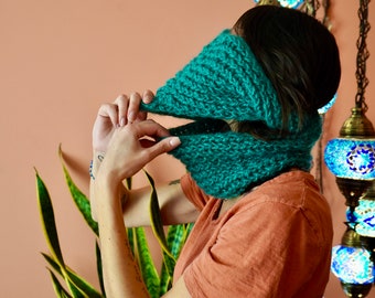 Teal- Loom Knit Infinity Scarf. Red Heart Hygge Yarn. Color in Teal. Complete with Wooden Logo Tag.