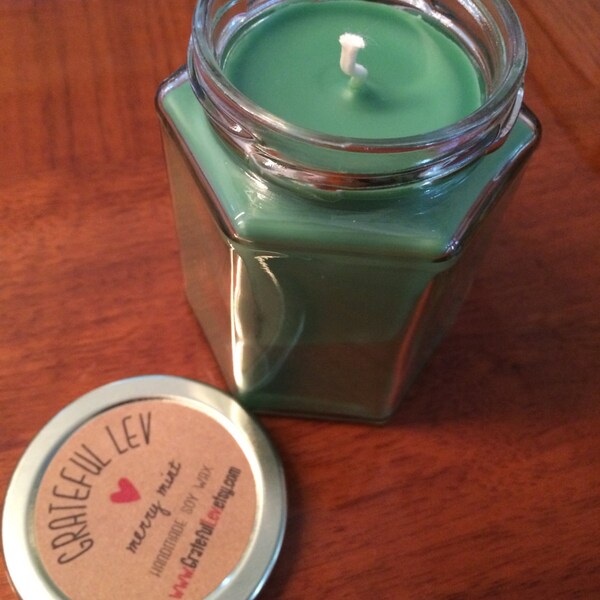 9 oz.- Merry Mint Scented Soy Candle with Cotton Wick and Green Coloring