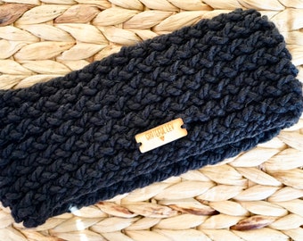 Black- Adult Loom Knit Winter Headband- With Wooden Logo Tag.