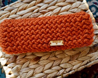 Pumpkin- Adult Loom Knit Winter Headband- With Wooden Logo Tag.