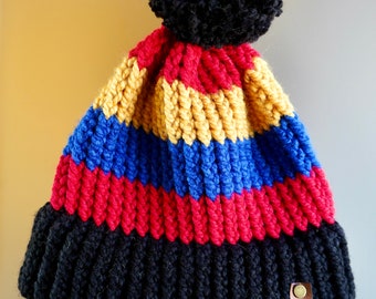 MultiColored-Loom Knit Winter Hat with Pom Pom (One size fits most)