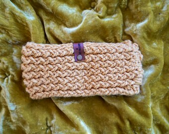 Yellow-Adult Loom Knit Winter Headband-With Faux Leather Logo Tag.