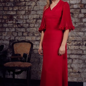 Retro 70s Red Accordion pleated Sleeve Maxi Dress