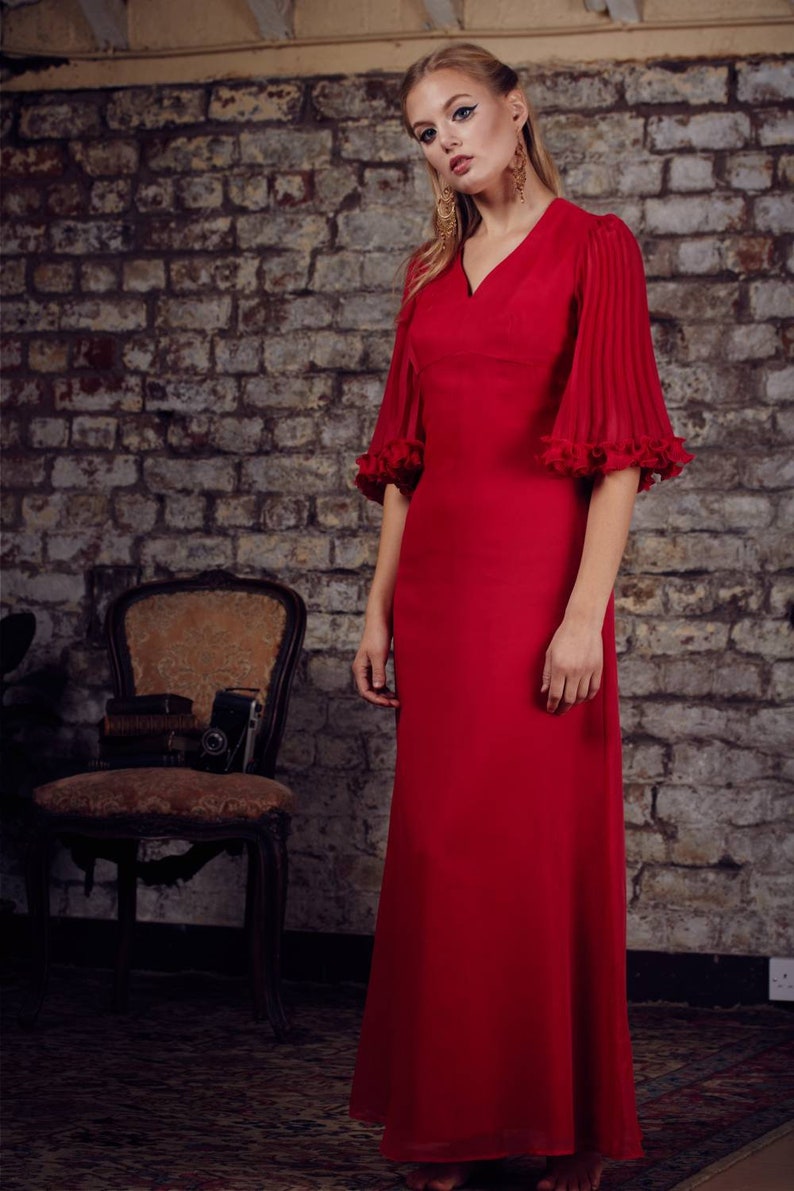 Retro 70s Red Accordion Pleated Sleeve Maxi Dress Etsy