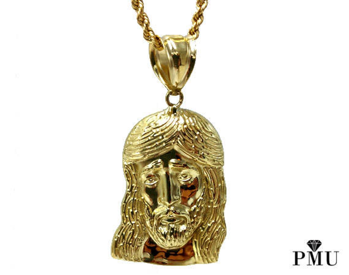 10k Yellow Gold Jesus Piece Pendant With Rope Chain Set Fine Etsy