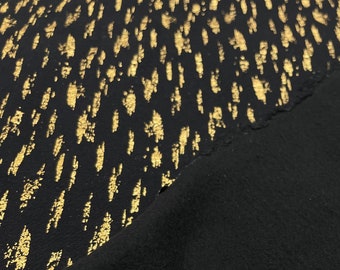 MODAL FLEECE Metalic Gold Brush Strokes on Black Modal Fleece, Super soft, Sweat pant fabric, Gold Dot Accents, Sold by the half yard