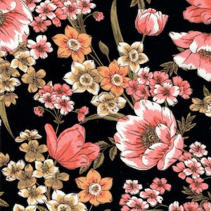 DOUBLE BRUSHED POLY, Pink Orange Yellow Floral on Black, Floral Brushed Polyester Knit, Sold by the half yard