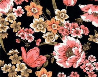 DOUBLE BRUSHED POLY, Pink Orange Yellow Floral on Black, Floral Brushed Polyester Knit, Sold by the half yard