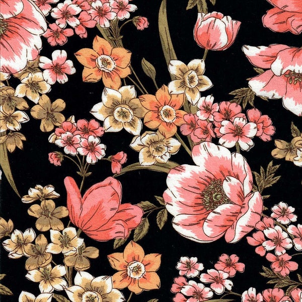 DOUBLE BRUSHED POLY, Pink Orange Yellow Floral on Black, Floral Brushed Polyester Knit, Sold by the half yard