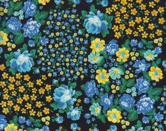 DOUBLE BRUSHED POLY, Patchwork Floral in Green Blue and Yellow on Black, Retro Floral Print Brushed Polyester Knit, Sold by the half yard