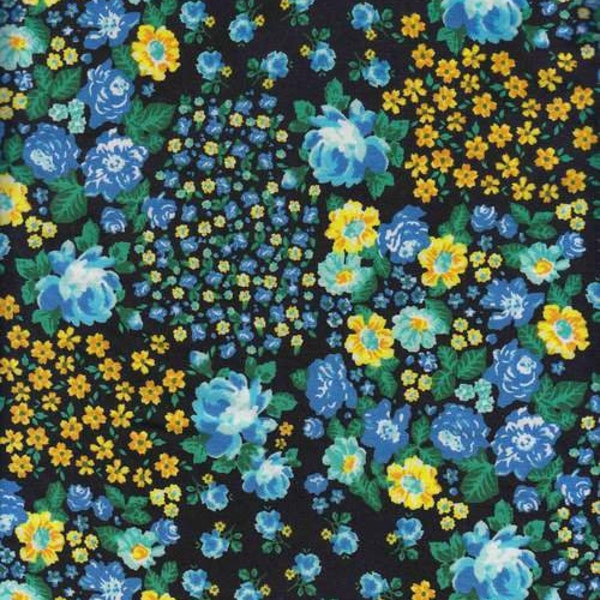 DOUBLE BRUSHED POLY, Patchwork Floral in Green Blue and Yellow on Black, Retro Floral Print Brushed Polyester Knit, Sold by the half yard