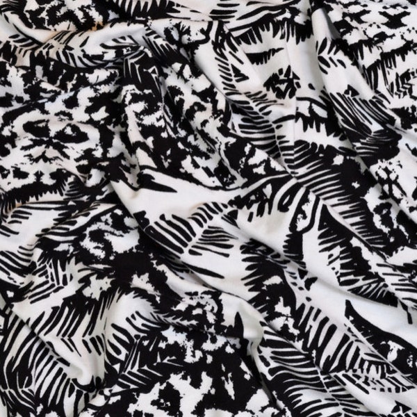 RAYON SPANDEX, Spledid Designer Knit Fabric, Tropical Black White Monochrome, Sold by the half yard