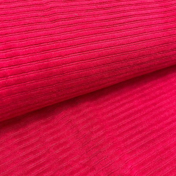 VELVET RIB KNIT, Variegated Wide Stripe Red Velvet Stretch "Corduroy", Stretch Velvet Wide Rib Knit,  Sold by the half yard